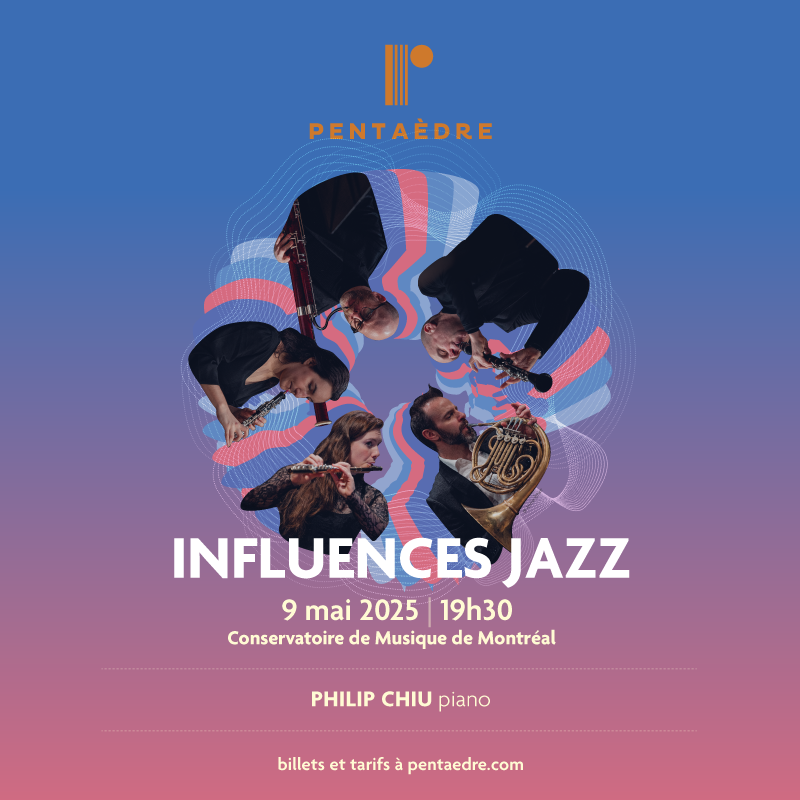 affiche du concert représentant les musiciens du quintette groupés en cercle sur un fond bleu et rose
